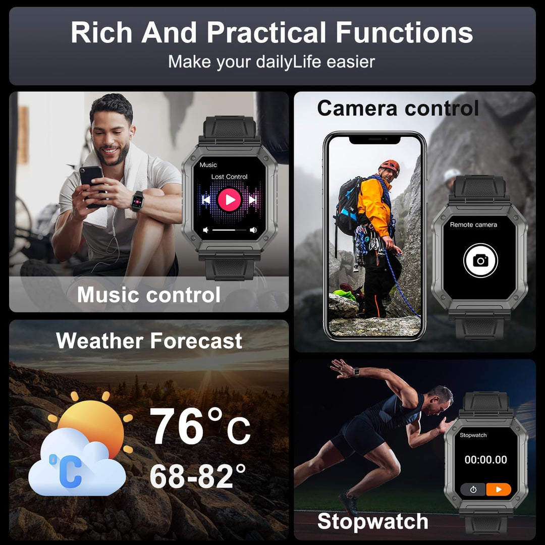 Sportieve heren smartwatch, robuust en waterdicht, perfect voor outdoor activiteiten en gezondheidsmonitoring.