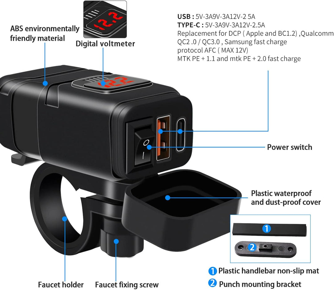 Zwarte motorfiets oplader met ingebouwde voltmeter en snelle USB-C poort voor efficiënt opladen.