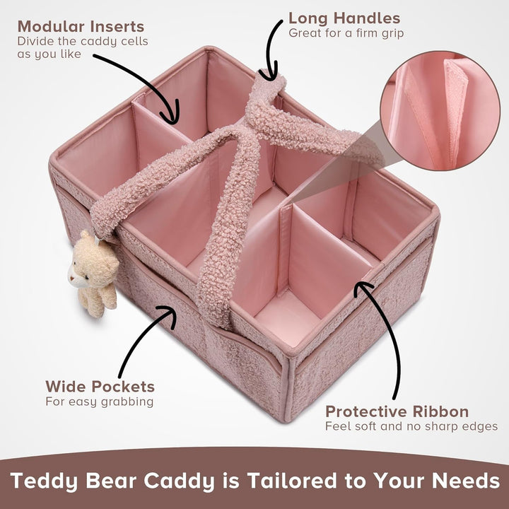 Overzichtelijke sherpa caddy in wit, roze, beige of groen voor alle baby's spulletjes.