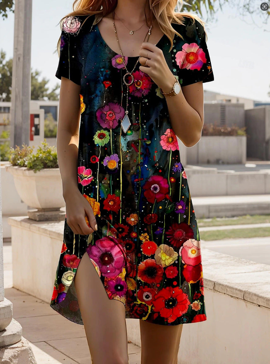 Dames mini jurk met levendige boho print en soepele stof, een casual damesjurk met stijlvolle uitstraling.