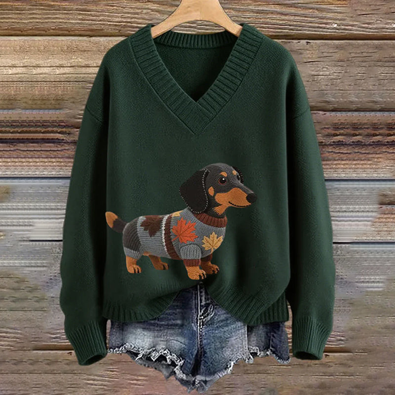 Zachte damestrui met ronde hals en vrolijk hondendesign, een trendy item voor damesmode.