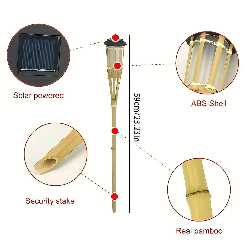 Detaillering van de bamboe structuur van de solar lantaarn, met het warme en realistische LED vlamlicht.