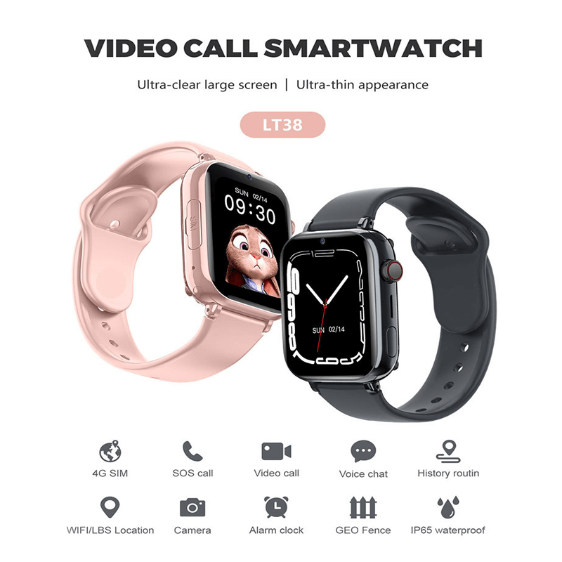 Zwarte kinder smartwatch met ingebouwde GPS en 4G videobellen voor actieve kinderen.
