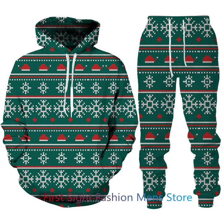 Heren kerst loungeset: comfortabel joggingpak met capuchon en broek. Perfecte herenkleding voor de feestdagen.