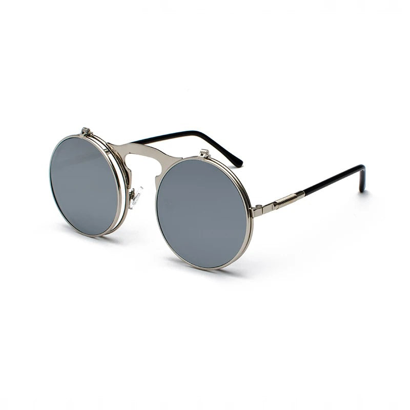 Heren ronde zonnebril met opklapbare lenzen, vintage stijl en metalen frame, een unieke accessoire.