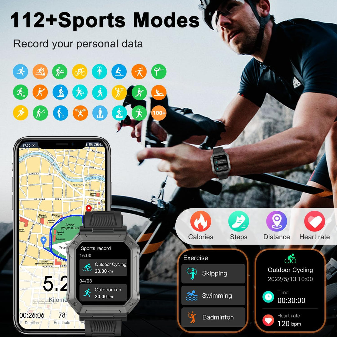 Militaire heren smartwatch met Bluetooth bellen, hartslagmeter en slaaptracker; een complete gezondheidstracker.