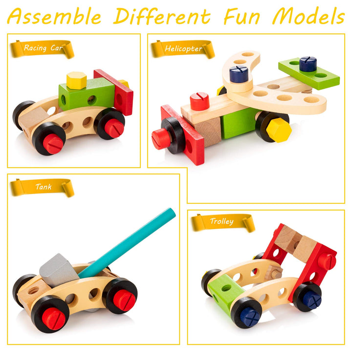 Gedetailleerde houten gereedschapskist met kindergereedschap, ideaal voor bouw speelgoed en montessori leerervaringen.