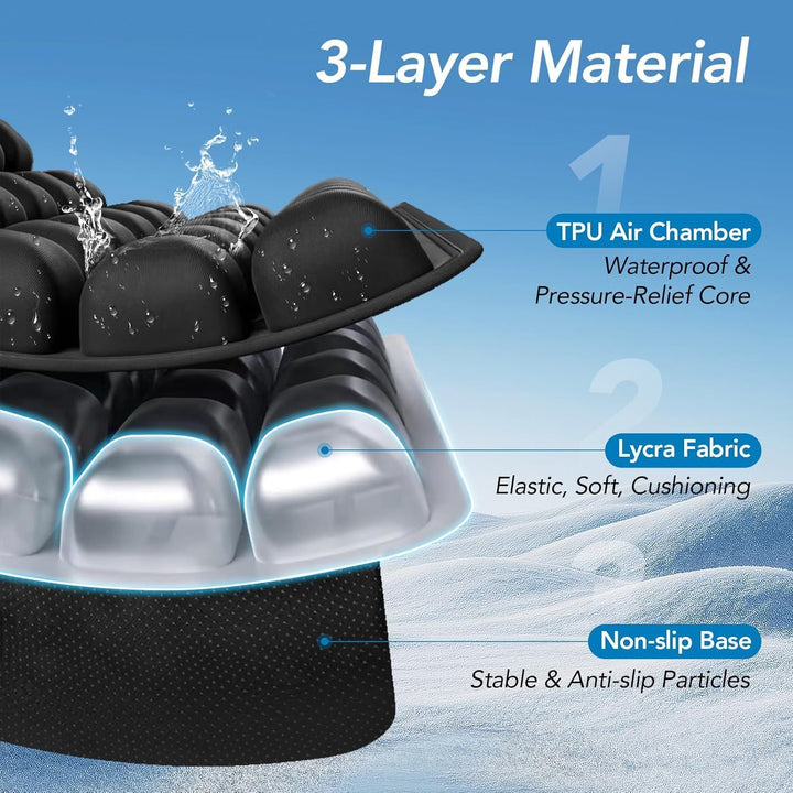 Ergonomisch AirComfort zitkussen, opblaasbaar voor optimale drukverdeling en langdurig comfort.