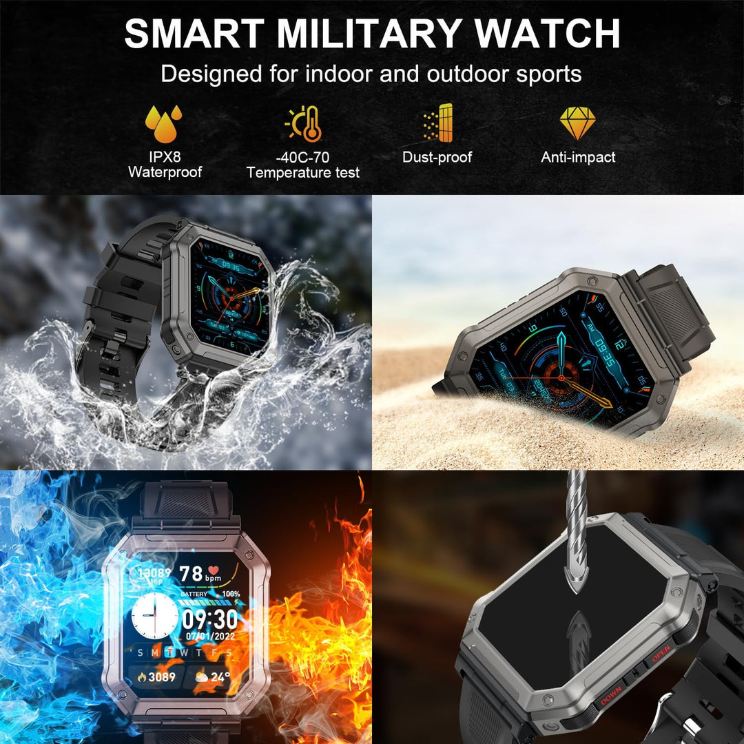 Waterdichte militaire smartwatch voor heren met geavanceerde fitness tracking en duurzaam design.