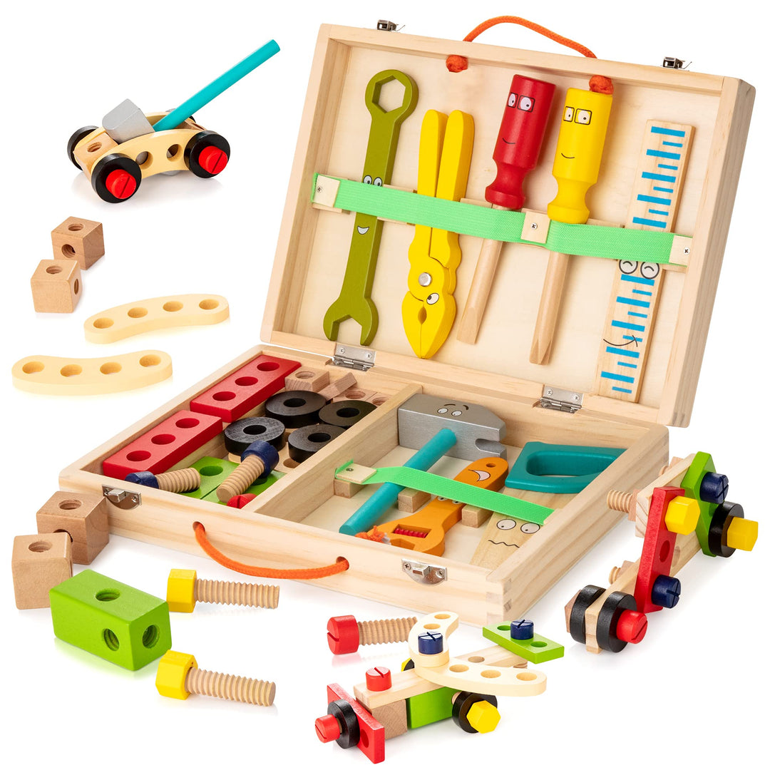 Houten gereedschapskist voor kinderen, educatief speelgoed voor creatief spel. Perfect voor peuters en kleuters.