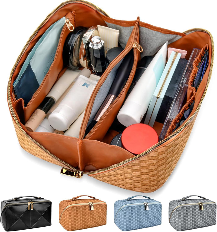 Georganiseerde beauty toilettas van PU leer, waterdicht en compact voor dames.