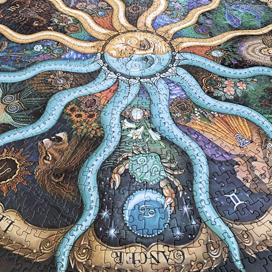 Voltooide 1000-delige sterrenbeeld puzzel als decoratie. Ronde vorm en levendige kleuren voor elke kamer.