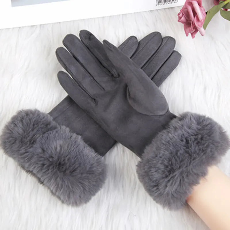 Comfortabele dames suède handschoenen met warm imitatiebont, een maat, touchscreen compatibel.