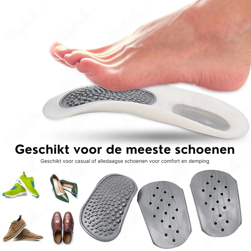 Schokabsorberende orthopedische inlegzolen, ontworpen voor optimale voetondersteuning en correctie van platvoeten.