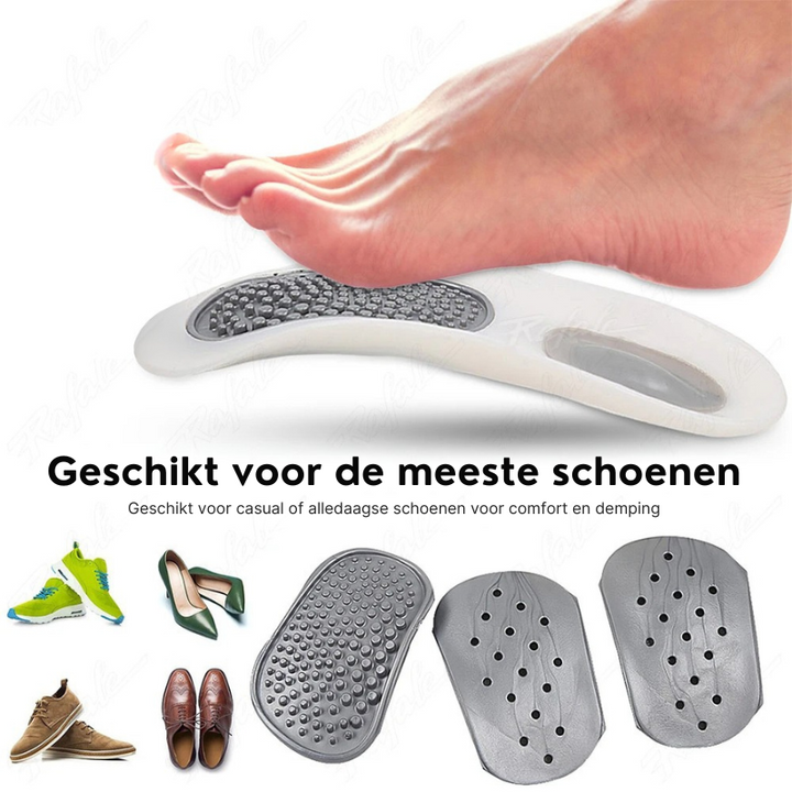 Schokabsorberende orthopedische inlegzolen, ontworpen voor optimale voetondersteuning en correctie van platvoeten.
