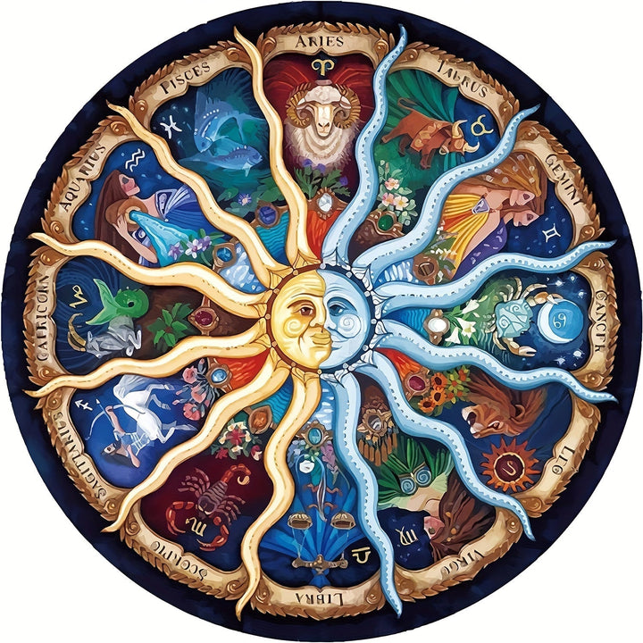 Close-up van de ronde sterrenbeeld puzzel (1000 stukjes), toont ingewikkelde details van elk zodiac teken.
