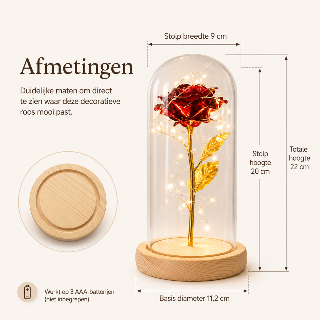 Decoratieve glazen stolp met eeuwigdurende roos en geïntegreerde LED-verlichting voor thuis.