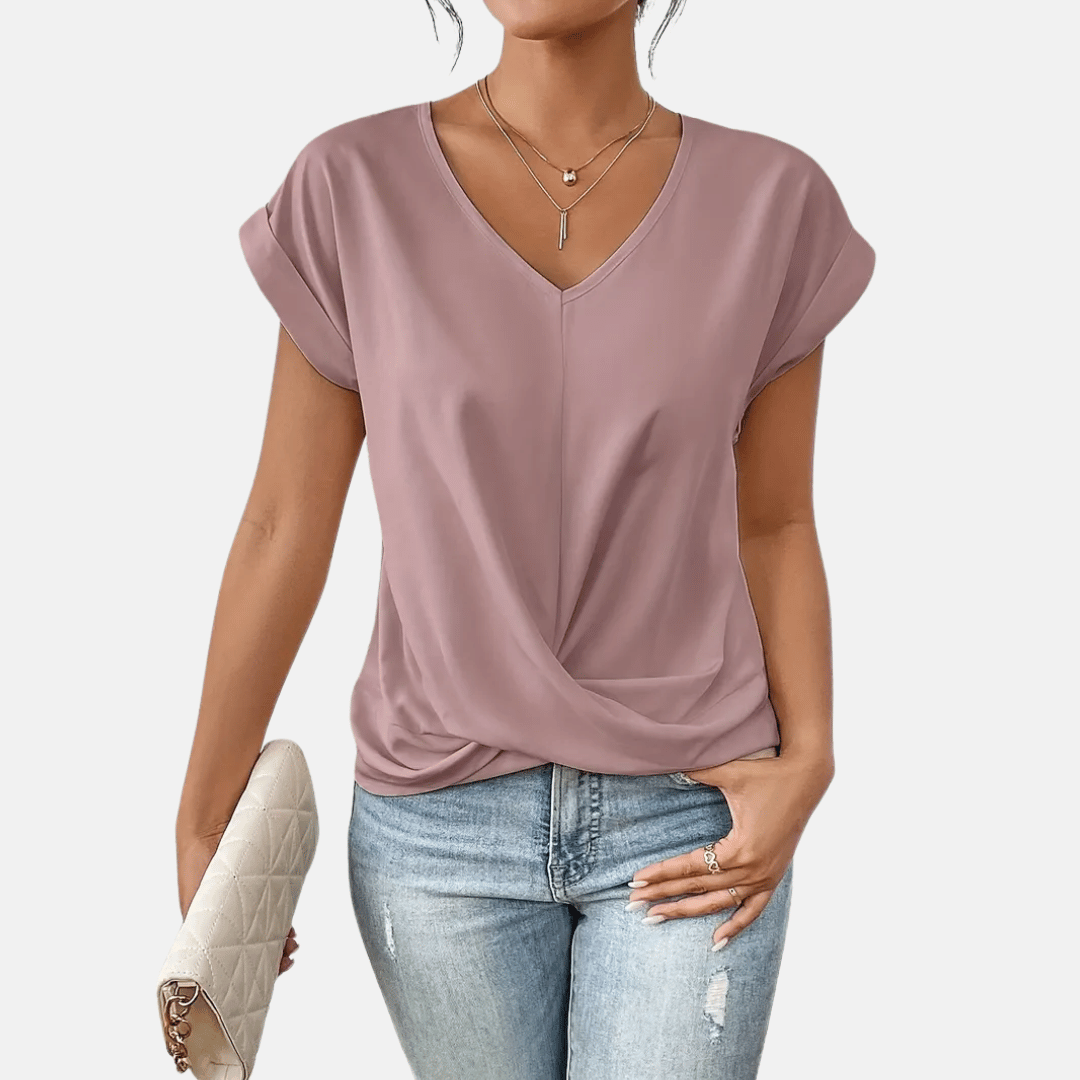 Nieuwe collectie dameskleding: V-hals blouse met gedrapeerde zoom, korte mouwen en effen design.