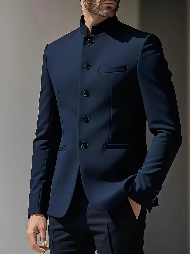 Formeel heren colbert, slim fit, met opvallende mandarijnkraag, voor elke gelegenheid.
