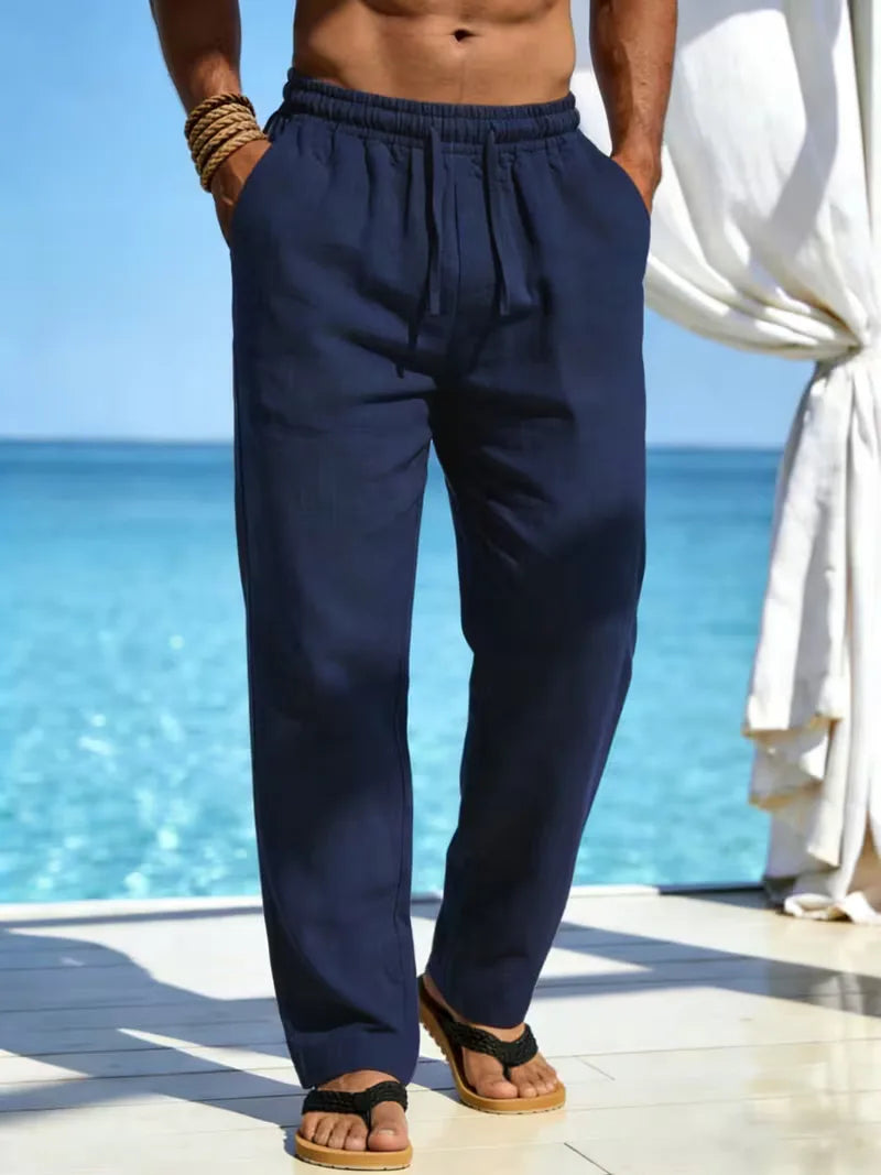 Zwarte linnen heren chino, rechte pijp, elastische tailleband. Veelzijdig voor casual gebruik.