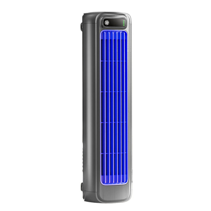 Compacte grijze USB-ventilator met 2000 mAh accu, stil en draagbaar voor persoonlijke koeling overal.