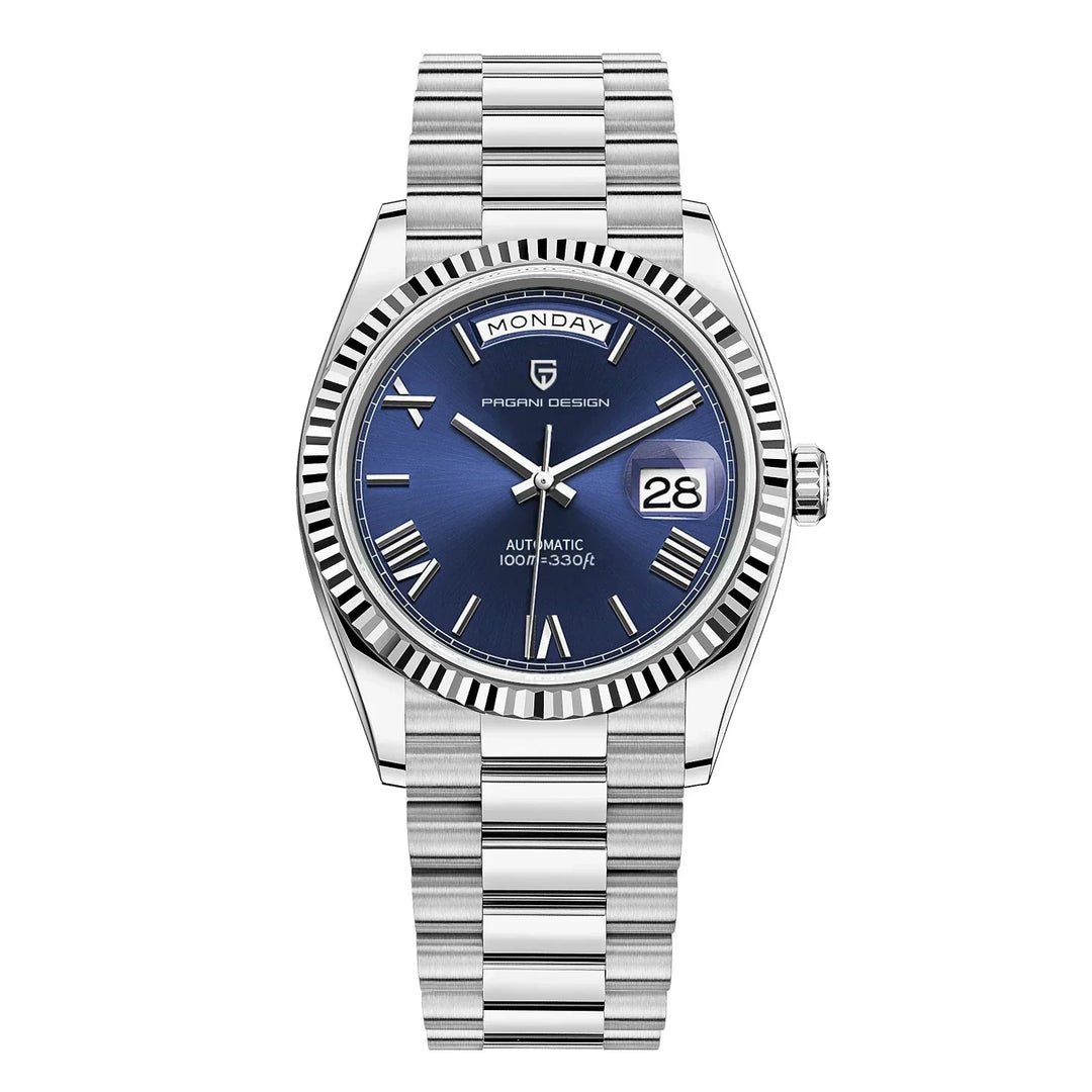 Zijaanzicht van het Dominus luxe horloge, met de robuuste roestvrij stalen kast en waterdichte afwerking.