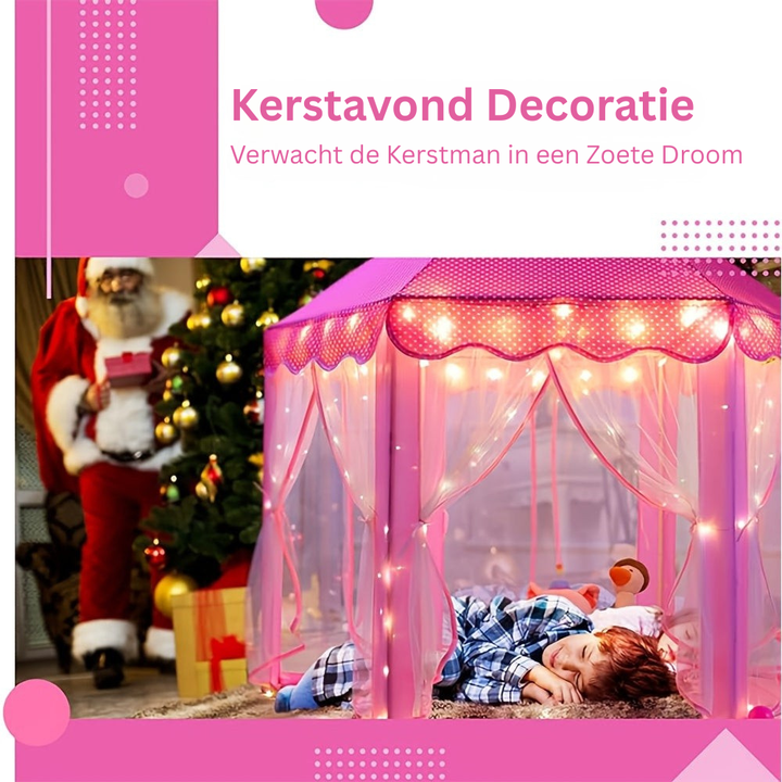 Blij kind speelt in de roze prinsessen speeltent, verlicht met sterren, ideaal speelhuis voor binnen- of buitengebruik.