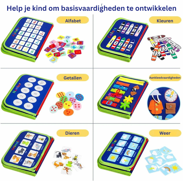 Draagbaar Montessori leerspeelgoed van vilt. Stimuleert educatieve ontwikkeling en fijne motoriek bij peuters.