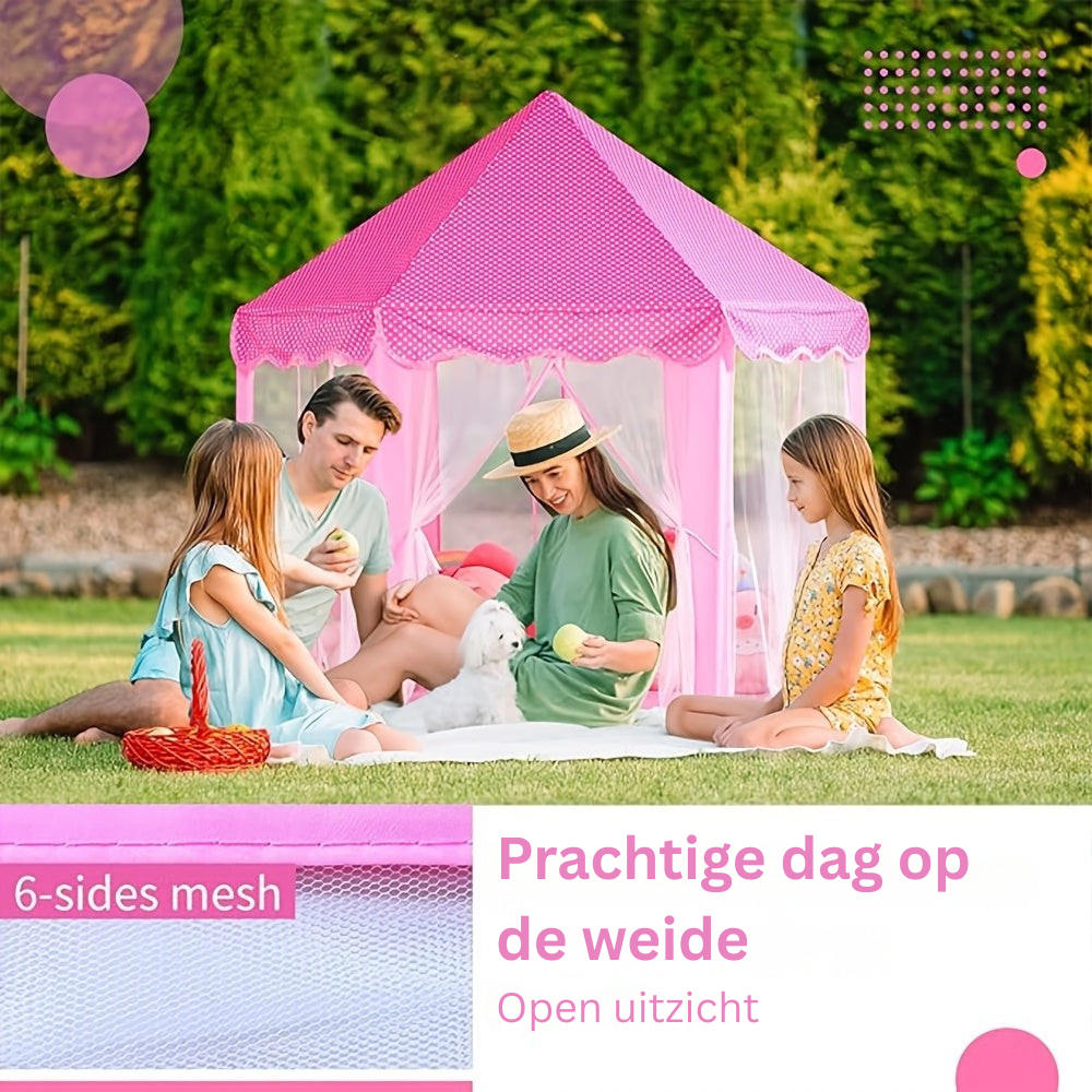 Detailopname van de prinsessen speeltent met twinkelde sterrenverlichting, creëert een magische sfeer voor kinderen.