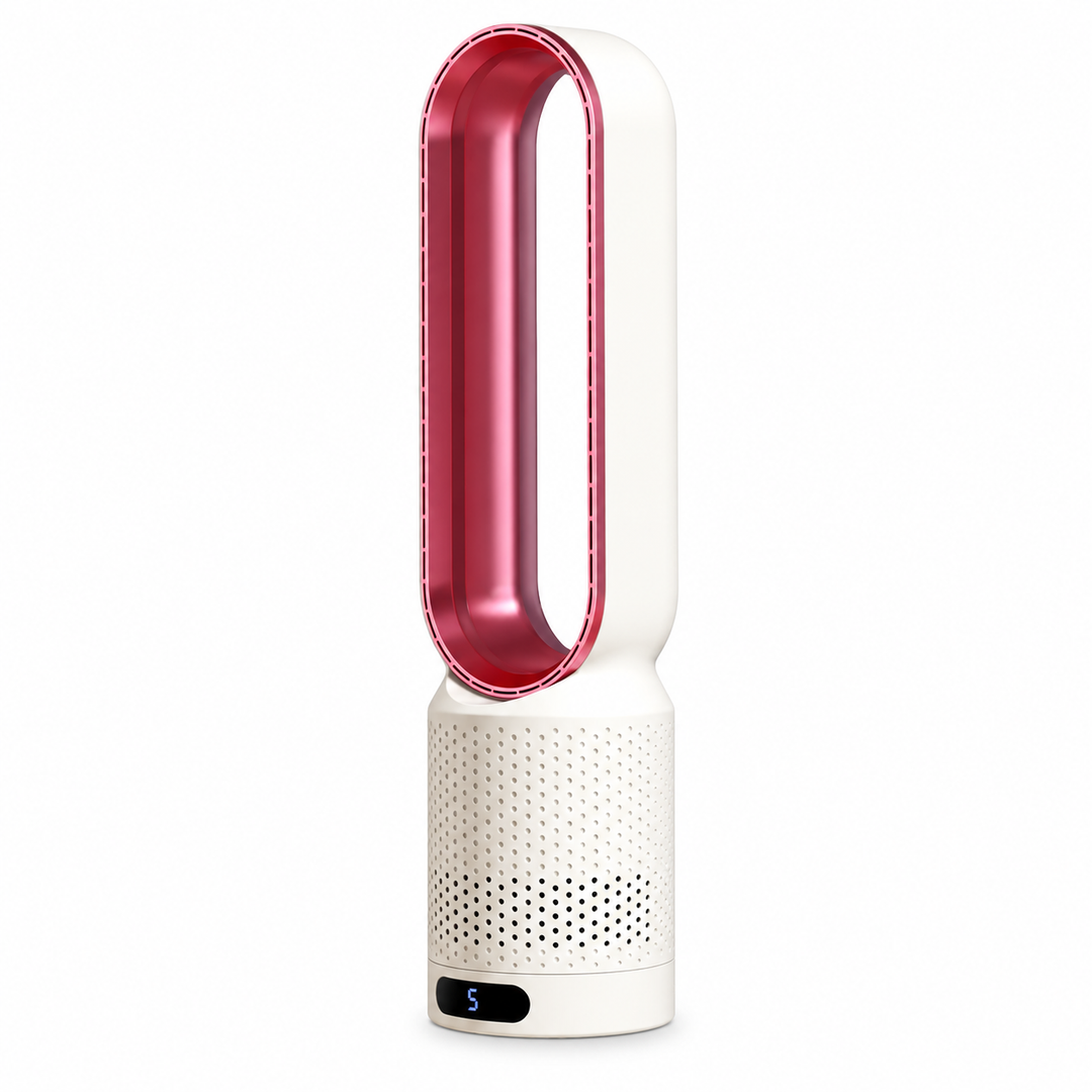 Compacte bladloze ventilator met modern design; efficiënte, stille koeling voor kantoor.