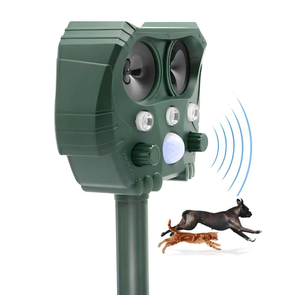 Ultrasoon dierenafweermiddel voor tuin en erf; beschermt tegen katten, honden en vossen.
