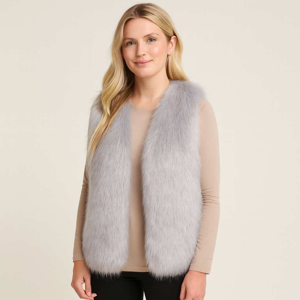 Elegant dames gilet Tahlia met zachte bontlook, perfect voor winterse laagjes en warmte.
