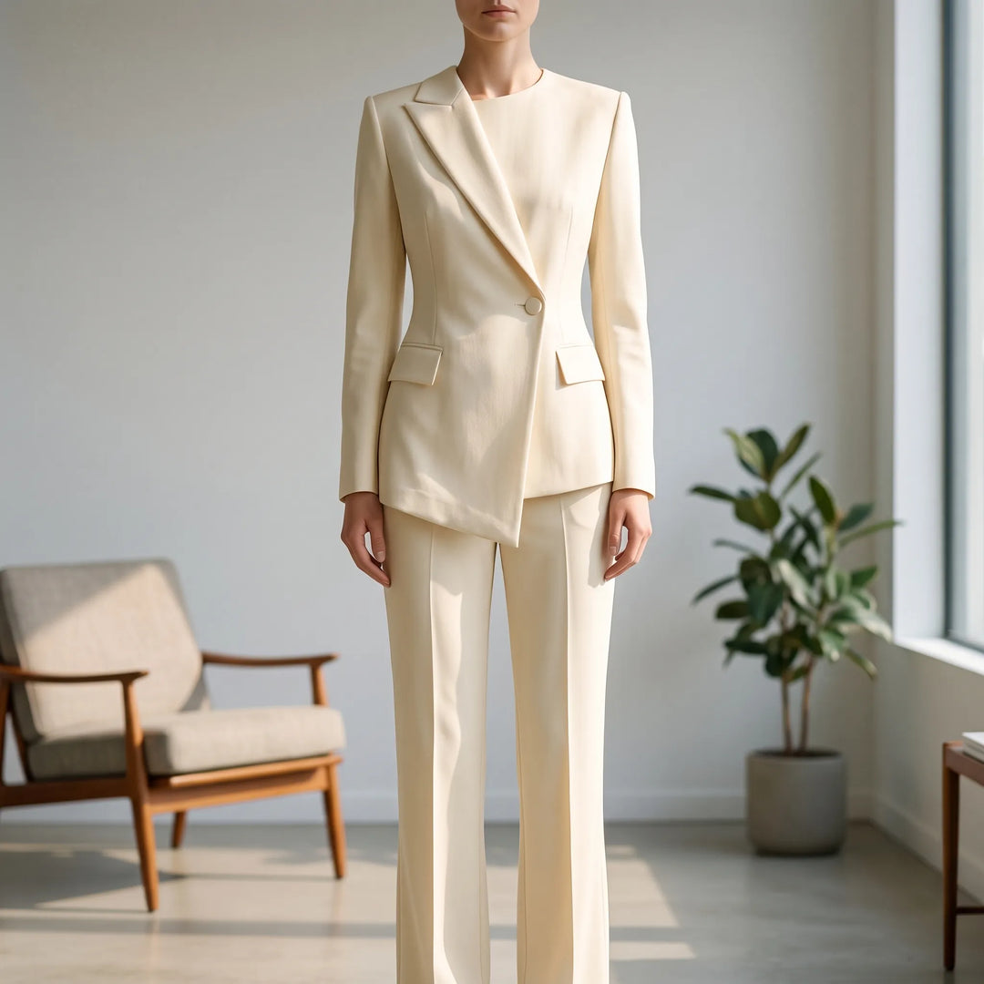 Dames asymmetrisch getailleerd broekpak met flared broek, ideaal voor een elegante en zakelijke look.