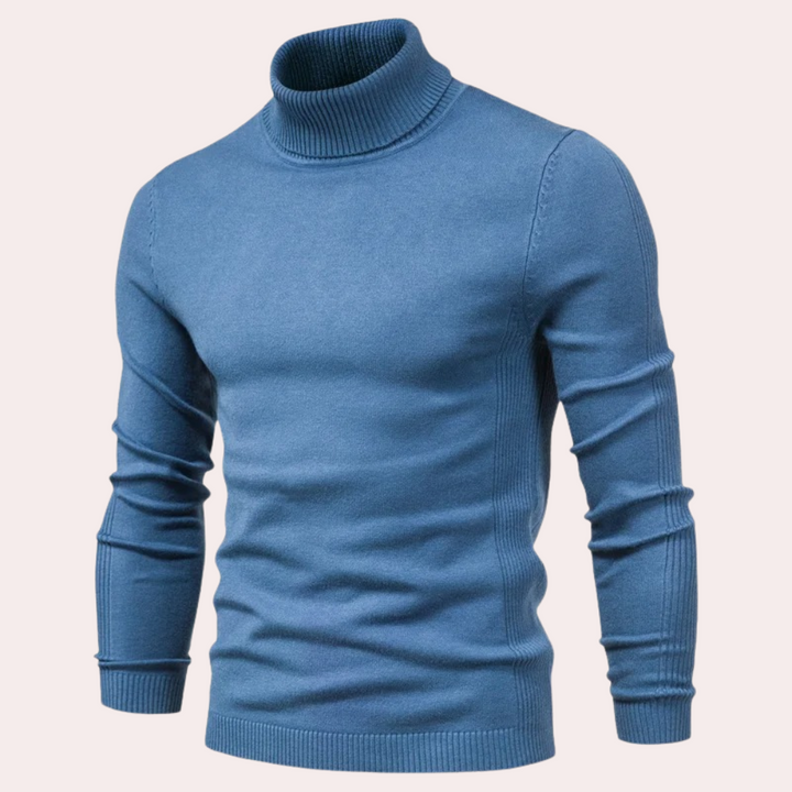 Details van de zachte hoge kraag van deze comfortabele heren coltrui, perfect tegen de kou in winterkleding.