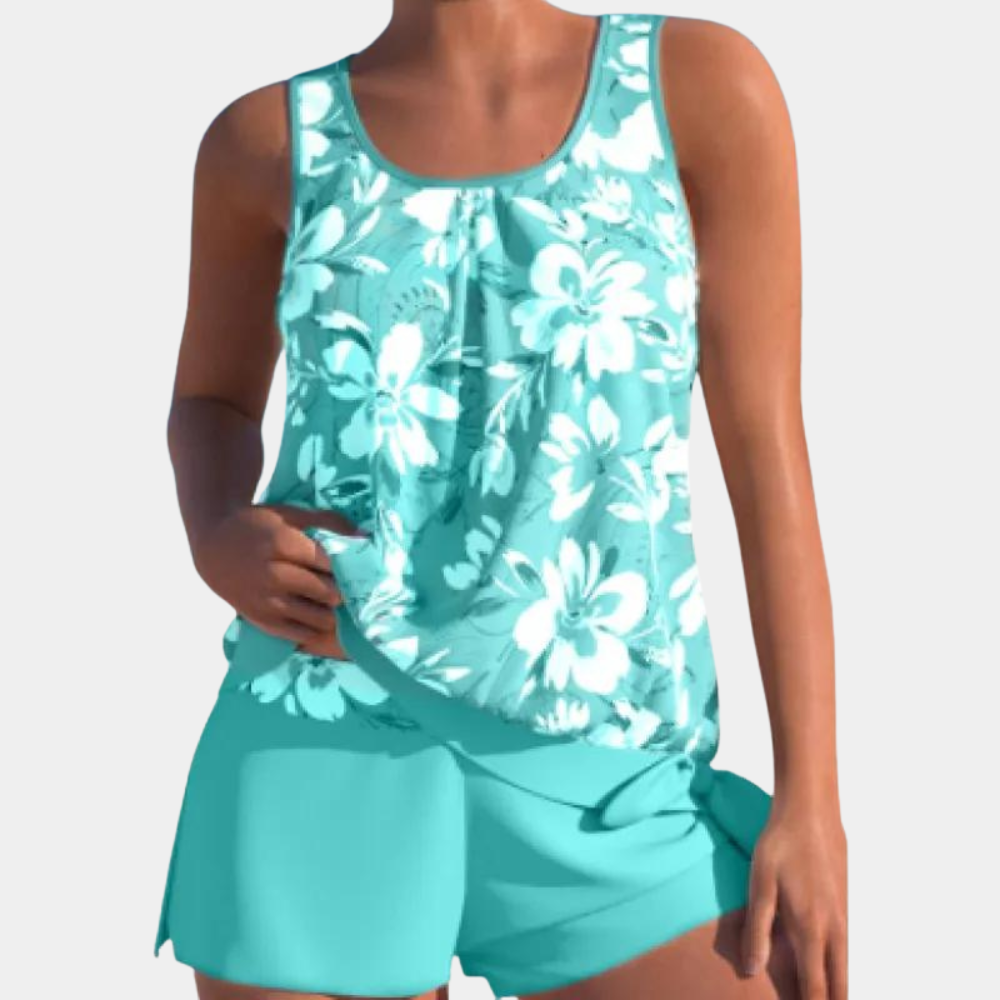 Flatterend Mandie damesbadpak, mouwloos met korte pijpjes, perfect voor comfortabel zwemmen in de zomer.