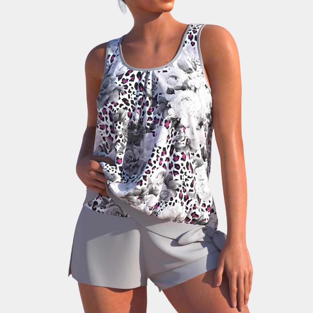 Mandie damesbadpak met stijlvol printpatroon; comfortabele zwemkleding voor zomerse stranddagen.