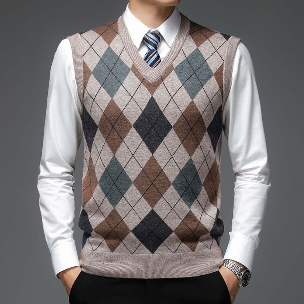 Klassieke argyle spencer voor heren, comfortabel en warm, ideaal als trui of vest alternatief.