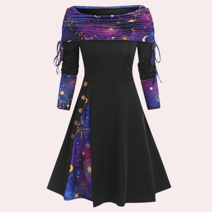 Stijlvolle Elara A-lijn jurk met unieke accentprint; elegante dameskleding voor een modieuze look.