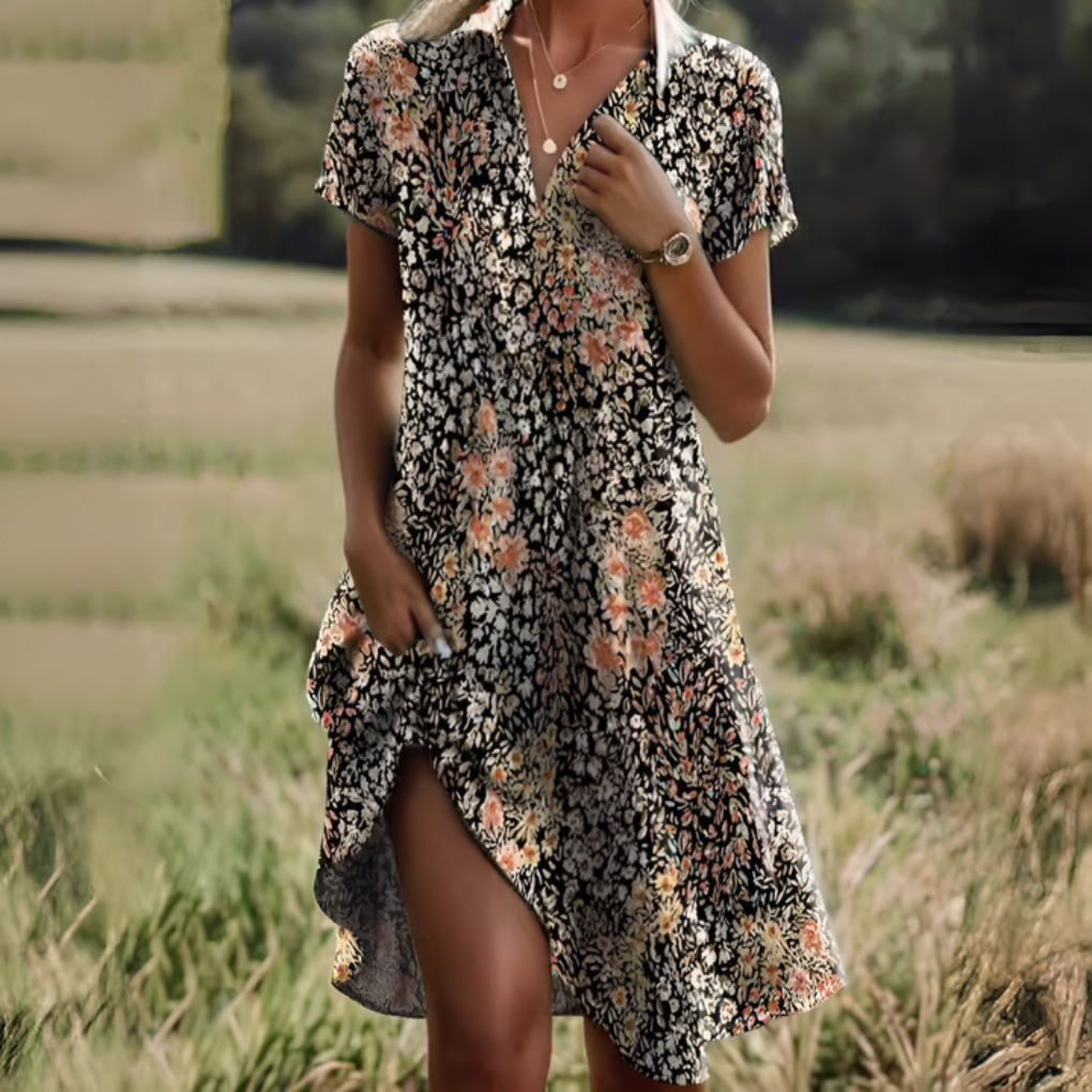 Vooraanzicht van een elegante, halflange zomerjurk. Ademend en comfortabel voor dames.