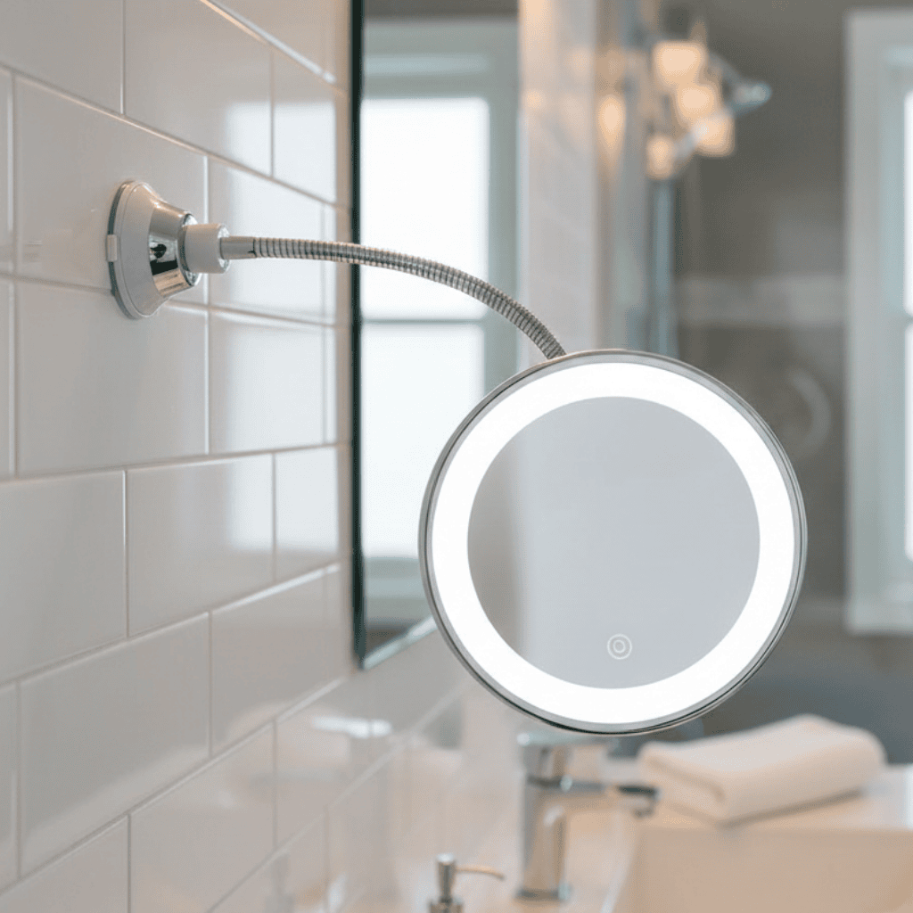Vergrotende LED make-up spiegel met 10x zoom en helder licht voor precieze huidverzorging en schoonheid.