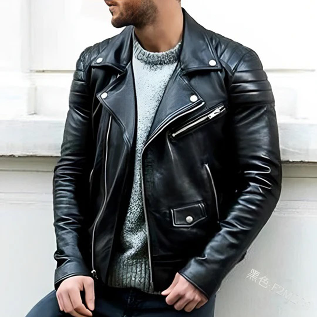 Stijlvolle zwarte heren leren bikerjas van echt leer, perfect voor casual mode en tijdloze bovenkleding.
