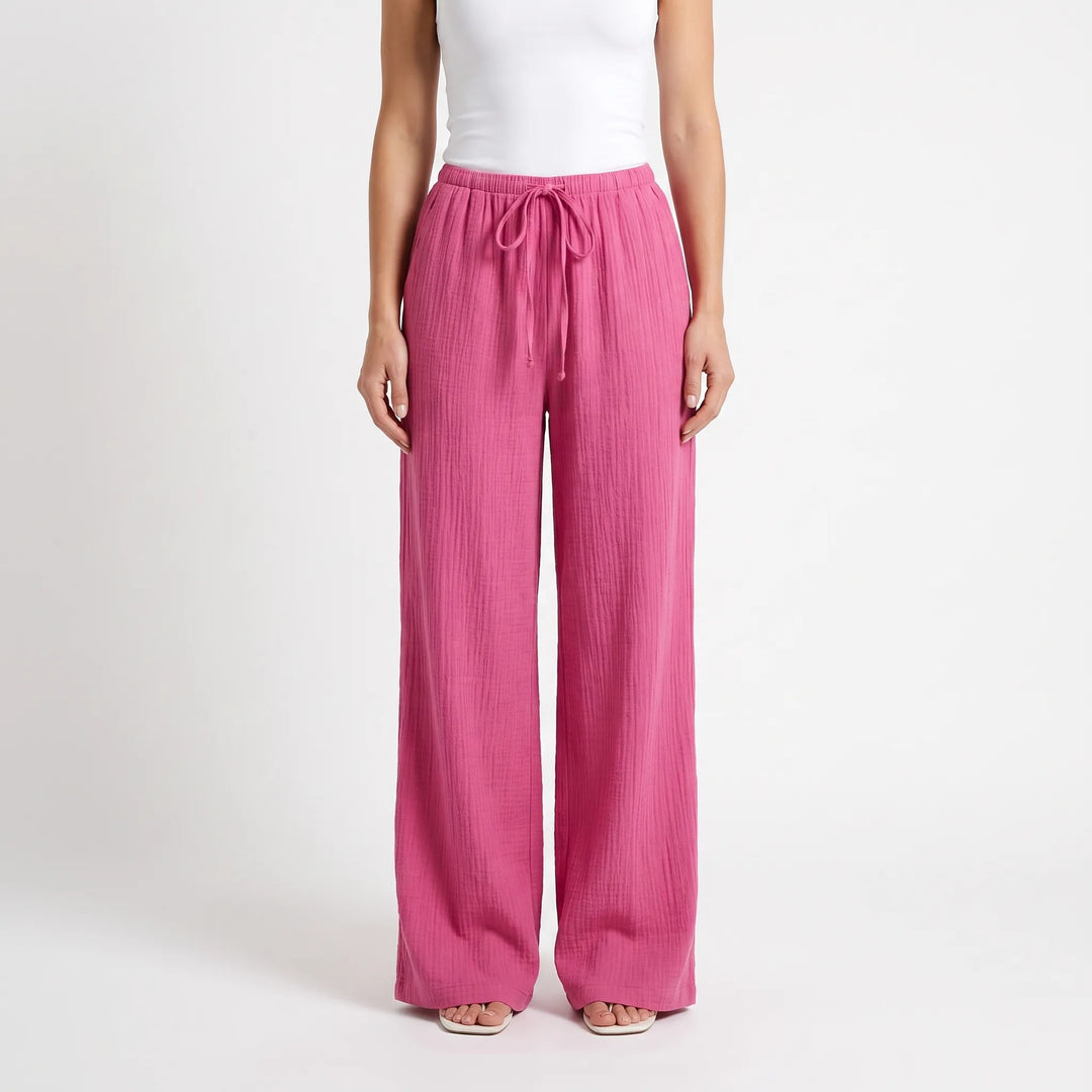 Comfortabele en stijlvolle dames palazzo broek, wijde pijpen met elastische taille voor een relaxte look.