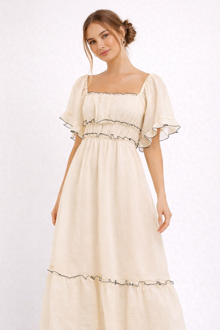 Elegante beige midi-jurk voor dames met romantische ruches, ideaal voor lente/zomer casual en chique dagelijkse stijl.