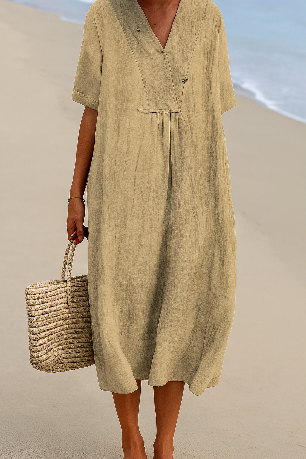 Elegante dames strandjurk met V-hals en korte mouwen, perfecte casual jurk voor de zomer en stranddagen.