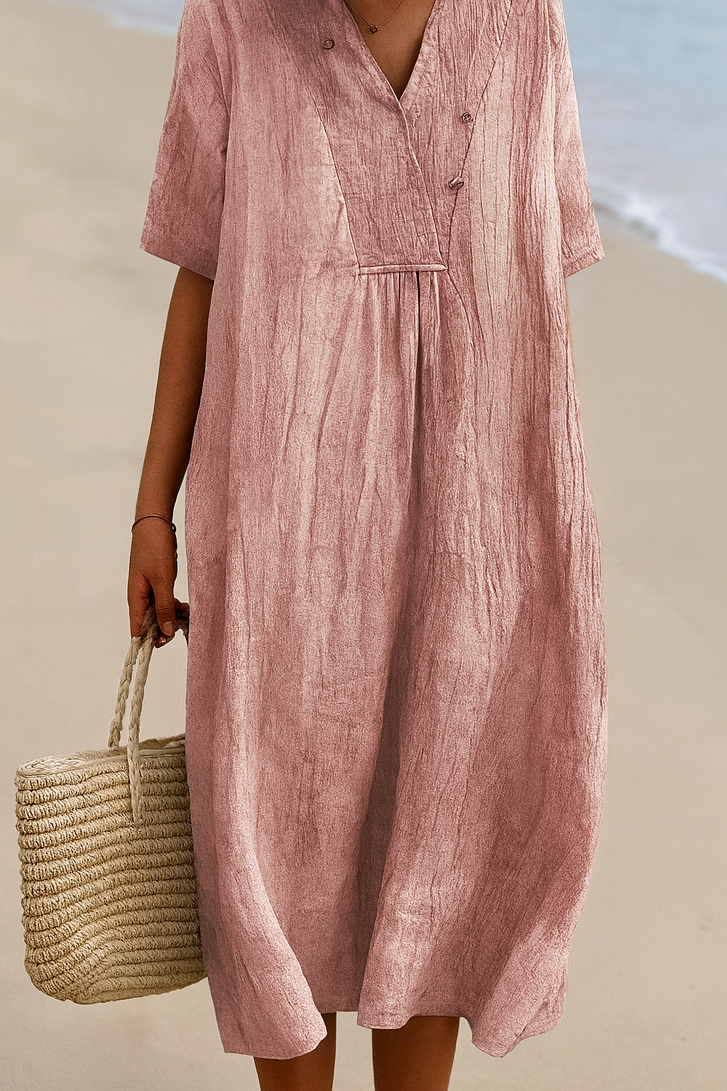 Ontspannen damesmode: zomerjurk met V-hals en korte mouwen, comfortabel voor strand en vrije tijd.