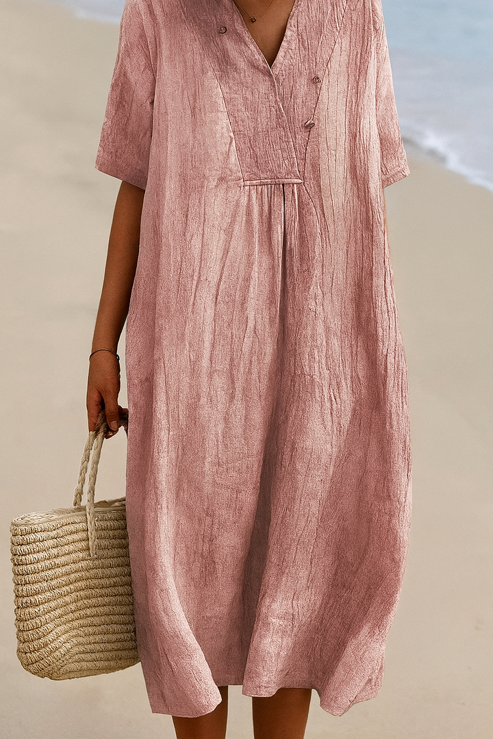 Ontspannen damesmode: zomerjurk met V-hals en korte mouwen, comfortabel voor strand en vrije tijd.