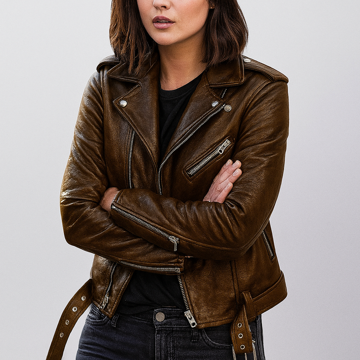 Modern dames slim-fit motorjack van hoge kwaliteit PU leer. Dit korte bikerjack is perfect voor elegante herfst- en wintermode.