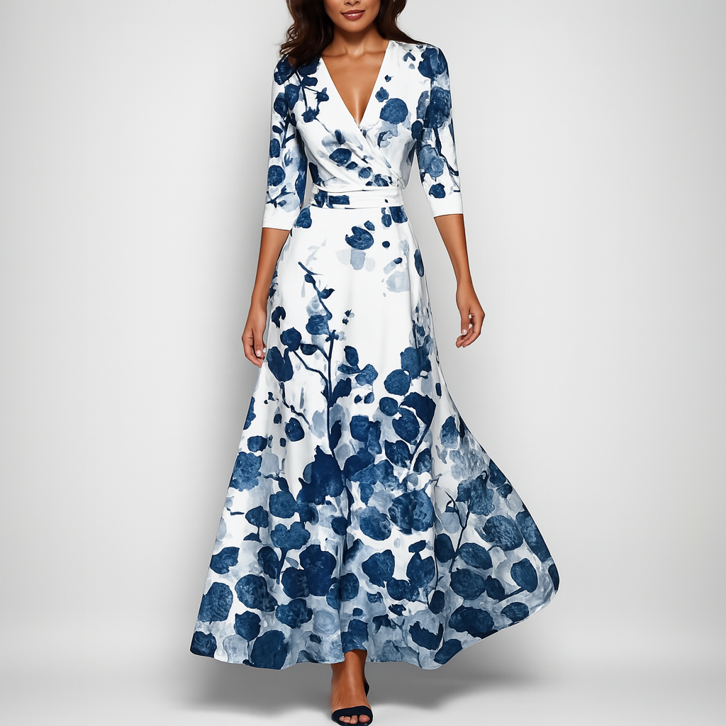 Comfortabele bohemian zomerjurk met levendige print, V-hals en empire taille, perfect als casual strandjurk.