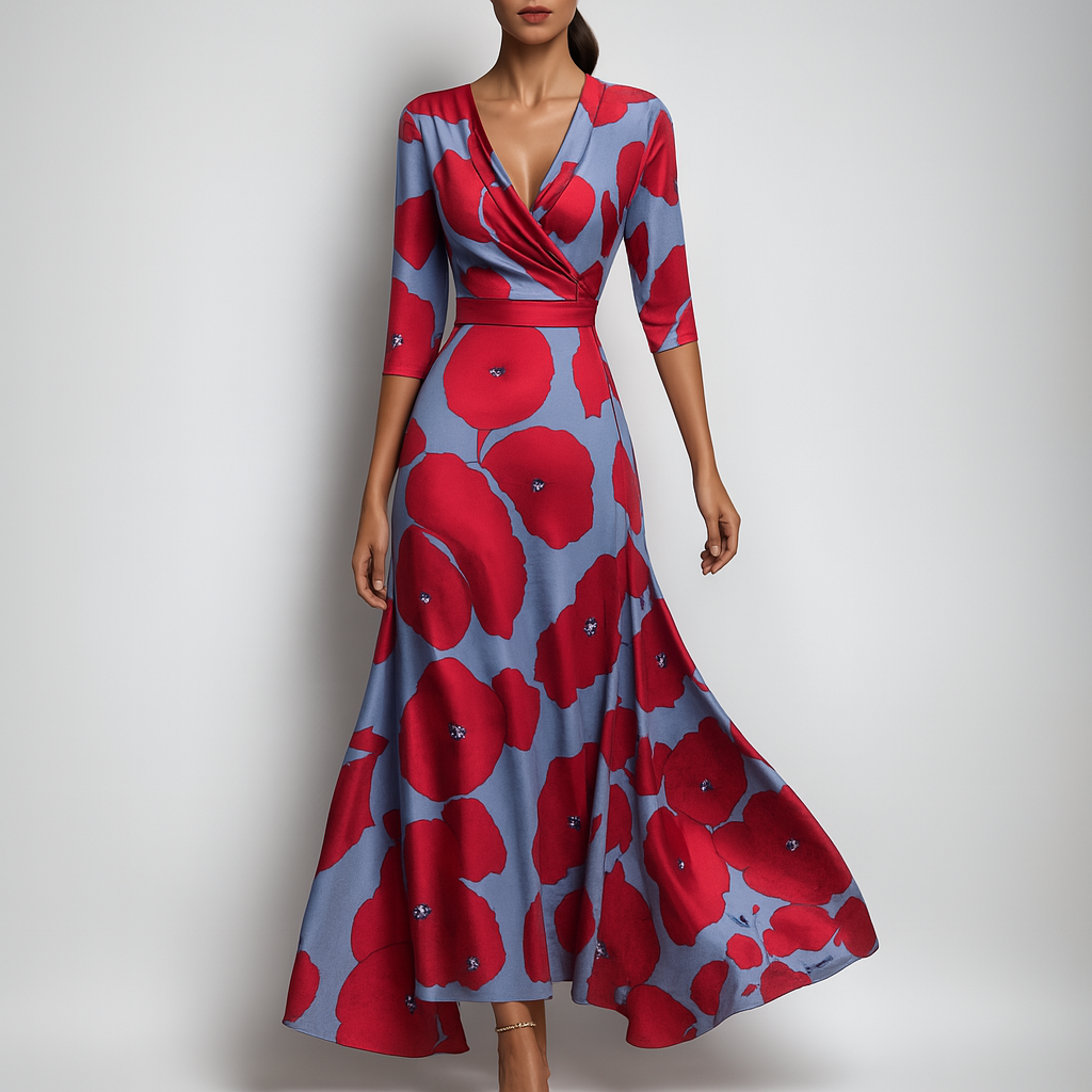 Elegante dames bohemian maxi-jurk met V-hals en driekwartmouw, ideaal voor zomerse dagen of strandvakantie.