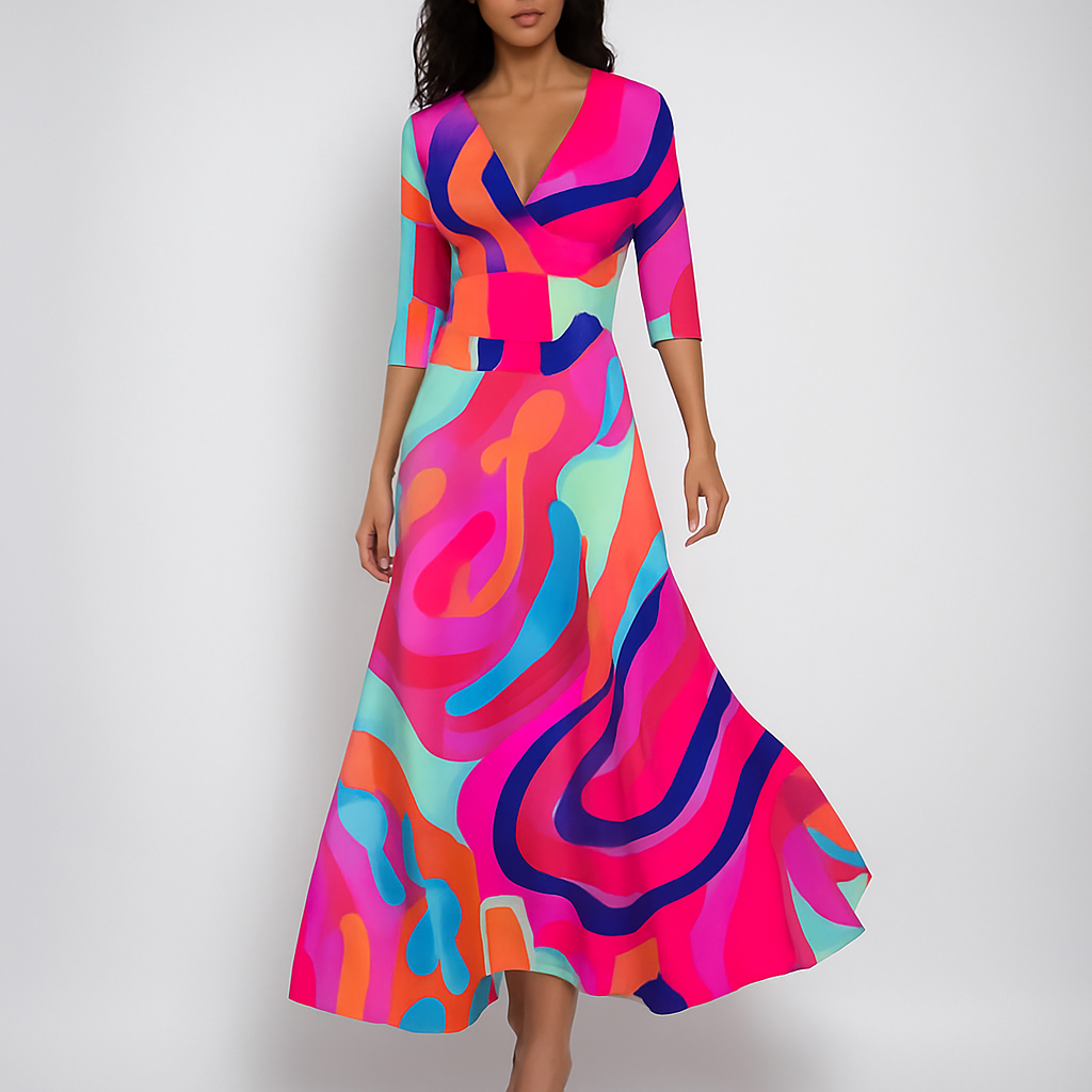 Modieuze bohemian maxi-jurk voor dames met V-hals en print, perfect als comfortabele zomer- of strandjurk.